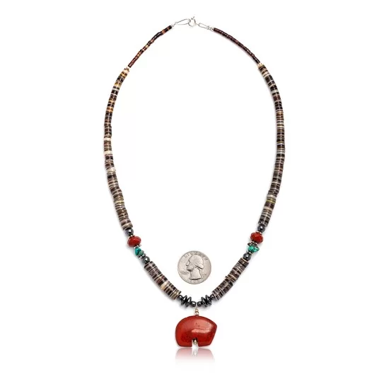 Bear Fetish .925 Sterling Silver Certified Authentic Navajo Native American Natural Turquoise Red Jasper Necklace and Pendant 750133-51