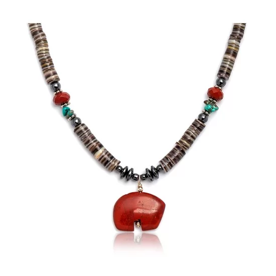 Bear Fetish .925 Sterling Silver Certified Authentic Navajo Native American Natural Turquoise Red Jasper Necklace and Pendant 750133-51