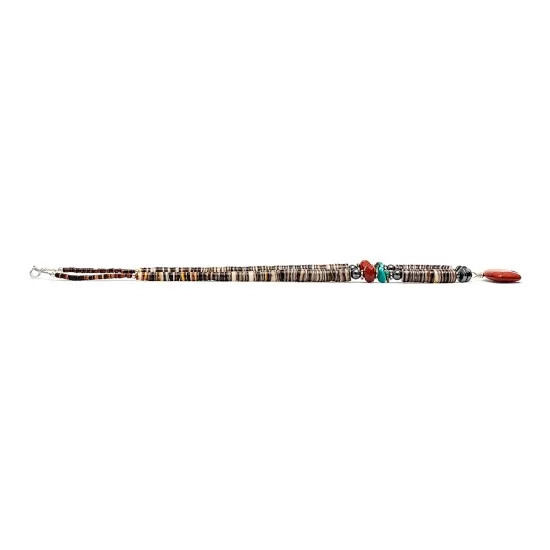 Bear Fetish .925 Sterling Silver Certified Authentic Navajo Native American Natural Turquoise Red Jasper Necklace and Pendant 750133-51