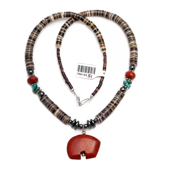 Bear Fetish .925 Sterling Silver Certified Authentic Navajo Native American Natural Turquoise Red Jasper Necklace and Pendant 750133-51
