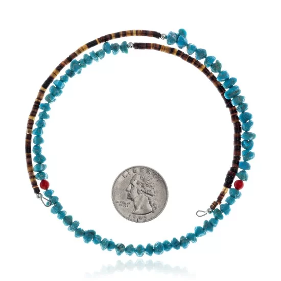 Natural Turquoise and Coral Certified Authentic Navajo Native American Adjustable Choker Wrap Necklace 25581 Natural Turquoise and Coral Certified Authentic Navajo Native American Adjustable Choker Wrap Necklace 25581