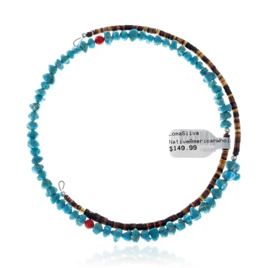 Natural Turquoise and Coral Certified Authentic Navajo Native American Adjustable Choker Wrap Necklace 25581 Natural Turquoise and Coral Certified Authentic Navajo Native American Adjustable Choker Wrap Necklace 25581