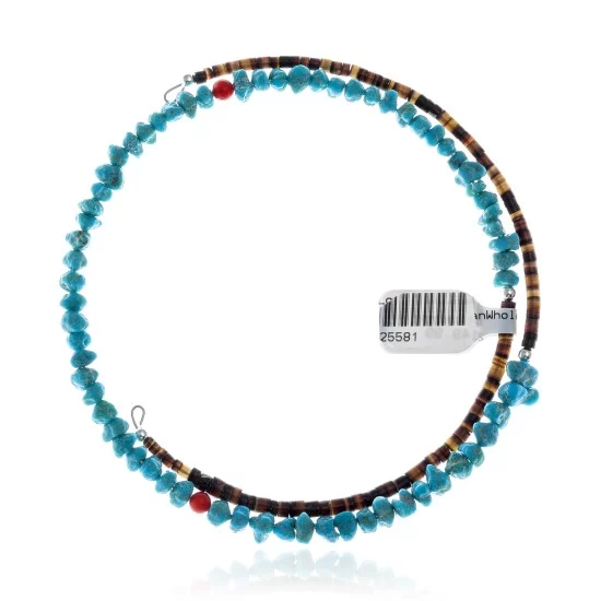 Natural Turquoise and Coral Certified Authentic Navajo Native American Adjustable Choker Wrap Necklace 25581 Natural Turquoise and Coral Certified Authentic Navajo Native American Adjustable Choker Wrap Necklace 25581