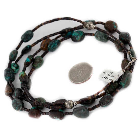 2 Strand Certified Authentic Navajo .925 Sterling Silver Natural Turquoise Native American Necklace 15585-39