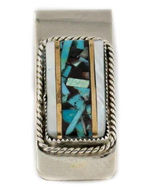 Handmade Certified Authentic Navajo Nickel and .925 Sterling Silver Inlay Natural Turquoise and Mother of Pearl Native American Money Clip 11263-2