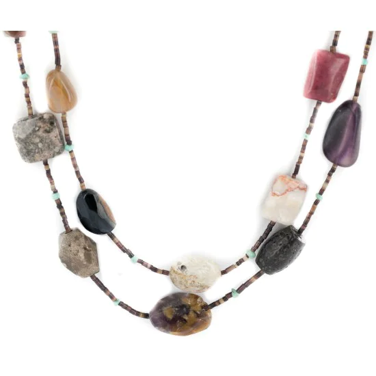 2 Strand .925 Sterling Silver Certified Authentic Navajo Natural Turquoise Carnelian Agate and Jasper Native American Necklace 750194-01