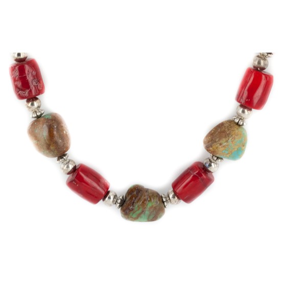 .925 Sterling Silver Certified Authentic Navajo Coral Natural Turquoise Native American Necklace 17076