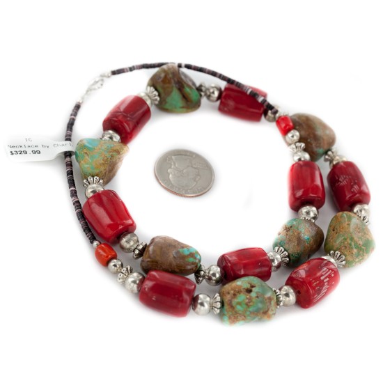 .925 Sterling Silver Certified Authentic Navajo Coral Natural Turquoise Native American Necklace 17076