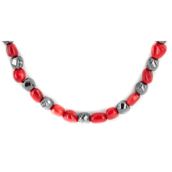 .925 Sterling Silver Certified Authentic Navajo Coral Natural Hematite Native American Necklace 25326 .925 Sterling Silver Certified Authentic Navajo Coral Natural Hematite Native American Necklace 25326