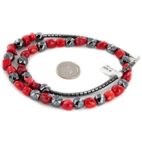 .925 Sterling Silver Certified Authentic Navajo Coral Natural Hematite Native American Necklace 25326 .925 Sterling Silver Certified Authentic Navajo Coral Natural Hematite Native American Necklace 25326