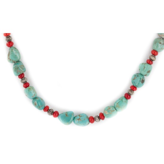 .925 Sterling Silver Certified Authentic Navajo Coral Natural Turquoise Native American Necklace 1579-14 .925 Sterling Silver Certified Authentic Navajo Coral Natural Turquoise Native American Necklace 1579-14