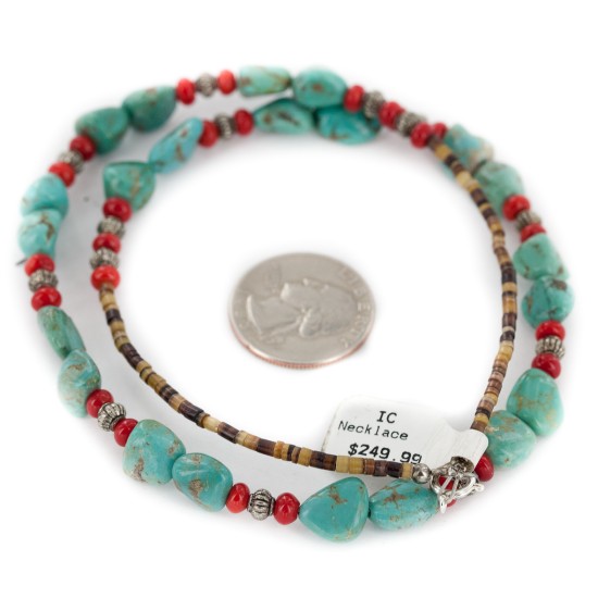 .925 Sterling Silver Certified Authentic Navajo Coral Natural Turquoise Native American Necklace 1579-14 .925 Sterling Silver Certified Authentic Navajo Coral Natural Turquoise Native American Necklace 1579-14