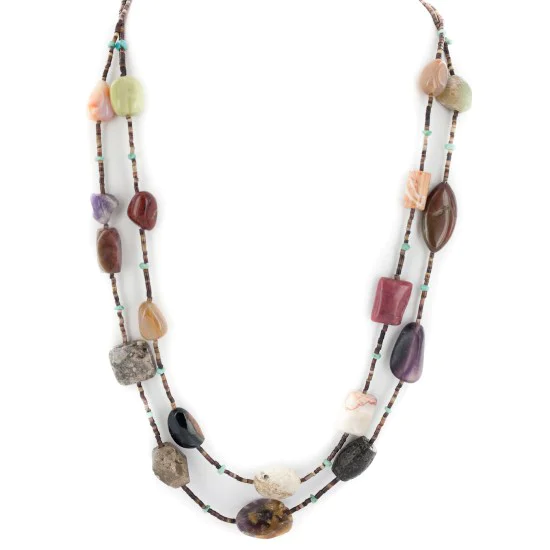2 Strand .925 Sterling Silver Certified Authentic Navajo Natural Turquoise Carnelian Agate and Jasper Native American Necklace 750194-01