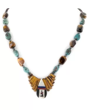 .925 Sterling Silver Certified Authentic Inlay Navajo Natural Turquiose Mother of Pearl and Tigers Eye Native American Necklace 15757-19 .925 Sterling Silver Certified Authentic Inlay Navajo Natural Turquiose Mother of Pearl and Tigers Eye Native American Necklace 15757-19