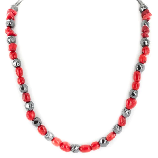 .925 Sterling Silver Certified Authentic Navajo Coral Natural Hematite Native American Necklace 25326 .925 Sterling Silver Certified Authentic Navajo Coral Natural Hematite Native American Necklace 25326