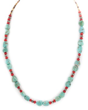 .925 Sterling Silver Certified Authentic Navajo Coral Natural Turquoise Native American Necklace 1579-14