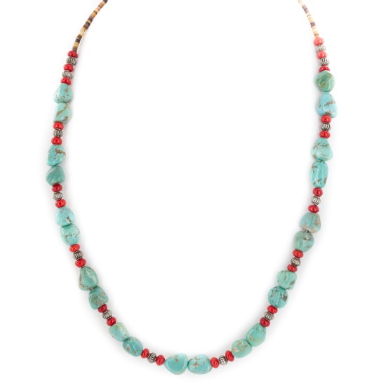 .925 Sterling Silver Certified Authentic Navajo Coral Natural Turquoise Native American Necklace 1579-14 .925 Sterling Silver Certified Authentic Navajo Coral Natural Turquoise Native American Necklace 1579-14