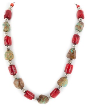 .925 Sterling Silver Certified Authentic Navajo Coral Natural Turquoise Native American Necklace 17076