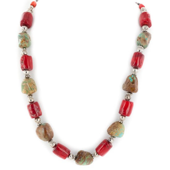 .925 Sterling Silver Certified Authentic Navajo Coral Natural Turquoise Native American Necklace 17076