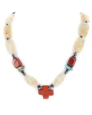 Cross .925 Sterling Silver Certified Authentic Navajo Natural Turquoise Smoky Quartz Red Jasper and Hematite Native American Necklace 17078 Cross .925 Sterling Silver Certified Authentic Navajo Natural Turquoise Smoky Quartz Red Jasper and Hematite Native American Necklace 17078