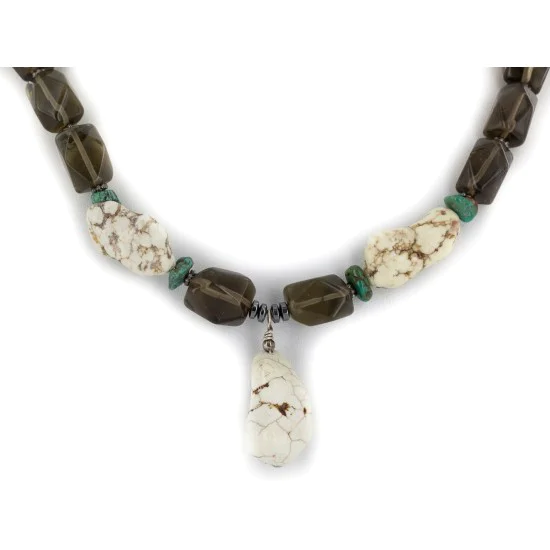 Certified Authentic Navajo .925 Sterling Silver White Howlite Smoky Quartz Native American Necklace 750114-30 Certified Authentic Navajo .925 Sterling Silver White Howlite Smoky Quartz Native American Necklace 750114-30