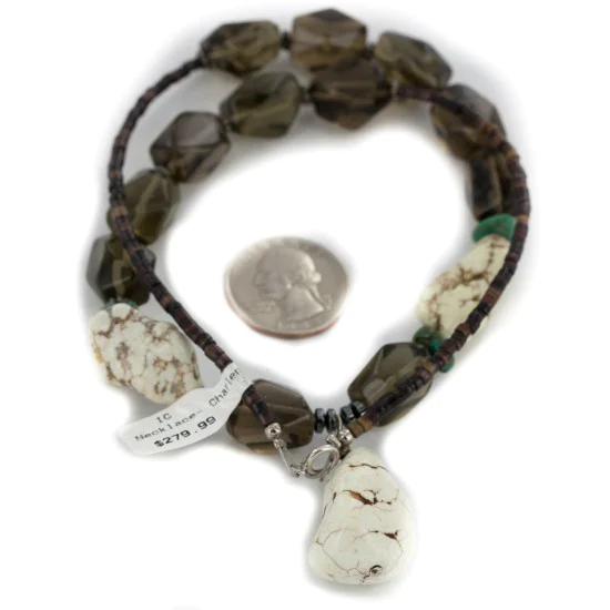 Certified Authentic Navajo .925 Sterling Silver White Howlite Smoky Quartz Native American Necklace 750114-30 Certified Authentic Navajo .925 Sterling Silver White Howlite Smoky Quartz Native American Necklace 750114-30