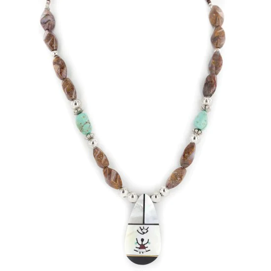 Bird Certified Authentic Navajo .925 Sterling Silver Inlay Natural Turquoise Mother of Pearl Jasper Native American Necklace 15422-55 Bird Certified Authentic Navajo .925 Sterling Silver Inlay Natural Turquoise Mother of Pearl Jasper Native American Necklace 15422-55