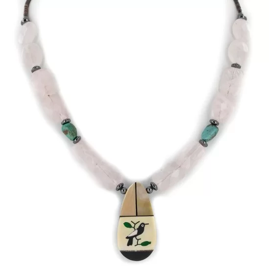 Bird Certified Authentic Navajo .925 Sterling Silver Inlay Natural Turquoise Mother of Pearl Pink Quartz Hematite Native American Necklace 750108-51 Bird Certified Authentic Navajo .925 Sterling Silver Inlay Natural Turquoise Mother of Pearl Pink Quartz Hematite Native American Necklace 750108-51
