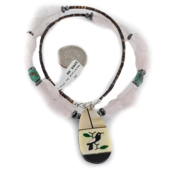 Bird Certified Authentic Navajo .925 Sterling Silver Inlay Natural Turquoise Mother of Pearl Pink Quartz Hematite Native American Necklace 750108-51 Bird Certified Authentic Navajo .925 Sterling Silver Inlay Natural Turquoise Mother of Pearl Pink Quartz Hematite Native American Necklace 750108-51