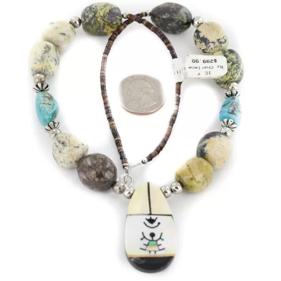 Certified Authentic Navajo .925 Sterling Silver Inlay Natural Turquoise Mother of Pearl Green Jasper Native American Necklace 15213-320
