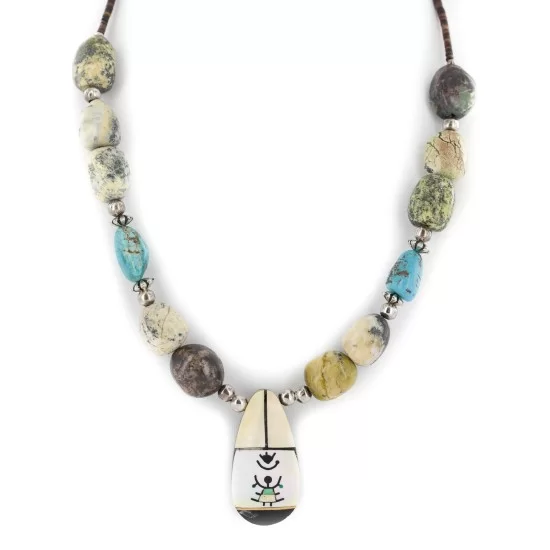 Certified Authentic Navajo .925 Sterling Silver Inlay Natural Turquoise Mother of Pearl Green Jasper Native American Necklace 15213-320