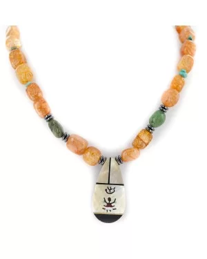 Certified Authentic Navajo .925 Sterling Silver Inlay Natural Turquoise Mother of Pearl Hematite and Quartz Native American Necklace 15810-45 Certified Authentic Navajo .925 Sterling Silver Inlay Natural Turquoise Mother of Pearl Hematite and Quartz Native American Necklace 15810-45