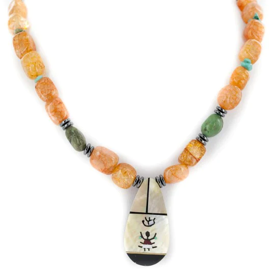 Certified Authentic Navajo .925 Sterling Silver Inlay Natural Turquoise Mother of Pearl Hematite and Quartz Native American Necklace 15810-45