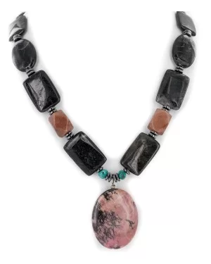 Navajo .925 Sterling Silver Natural Turquoise Hematite Jasper Charoite Necklace 15800-28