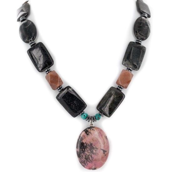 Navajo .925 Sterling Silver Natural Turquoise Hematite Jasper Charoite Necklace 15800-28