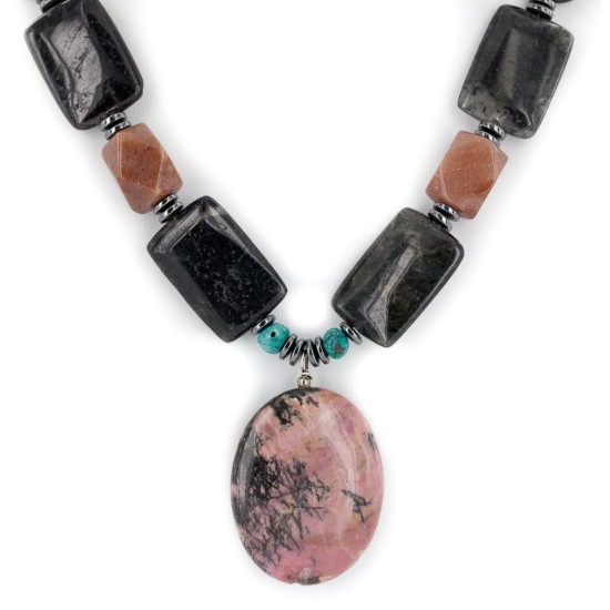 Navajo .925 Sterling Silver Natural Turquoise Hematite Jasper Charoite Necklace 15800-28