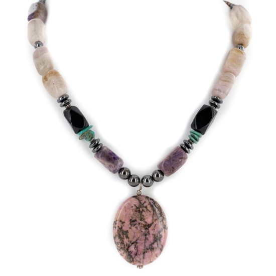 Certified Authentic Navajo .925 Sterling Silver Natural Turquoise Hematite Charoite Agate and Black Onyx Native American Necklace 15868-20 Certified Authentic Navajo .925 Sterling Silver Natural Turquoise Hematite Charoite Agate and Black Onyx Native American Necklace 15868-20