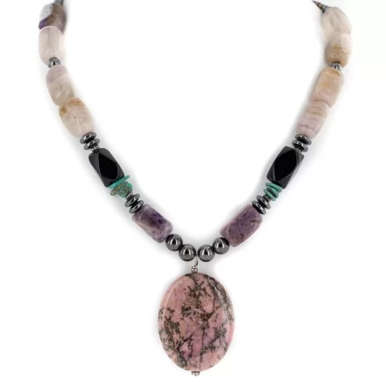 Certified Authentic Navajo .925 Sterling Silver Natural Turquoise Hematite Charoite Agate and Black Onyx Native American Necklace 15868-20 Certified Authentic Navajo .925 Sterling Silver Natural Turquoise Hematite Charoite Agate and Black Onyx Native American Necklace 15868-20