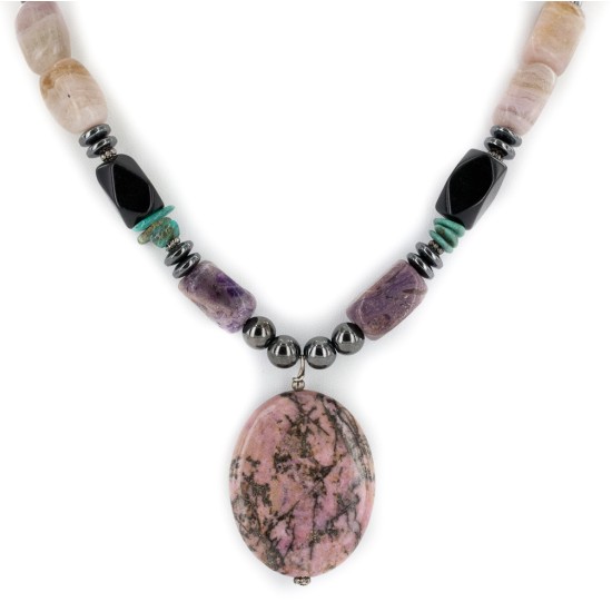 Certified Authentic Navajo .925 Sterling Silver Natural Turquoise Hematite Charoite Agate and Black Onyx Native American Necklace 15868-20 Certified Authentic Navajo .925 Sterling Silver Natural Turquoise Hematite Charoite Agate and Black Onyx Native American Necklace 15868-20