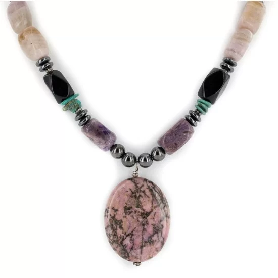 Certified Authentic Navajo .925 Sterling Silver Natural Turquoise Hematite Charoite Agate and Black Onyx Native American Necklace 15868-20 Certified Authentic Navajo .925 Sterling Silver Natural Turquoise Hematite Charoite Agate and Black Onyx Native American Necklace 15868-20