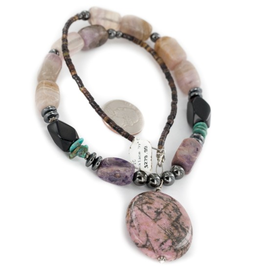 Certified Authentic Navajo .925 Sterling Silver Natural Turquoise Hematite Charoite Agate and Black Onyx Native American Necklace 15868-20 Certified Authentic Navajo .925 Sterling Silver Natural Turquoise Hematite Charoite Agate and Black Onyx Native American Necklace 15868-20