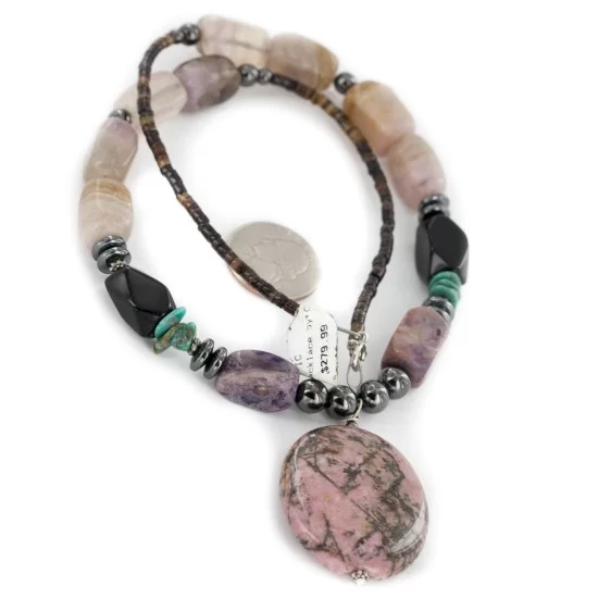 Certified Authentic Navajo .925 Sterling Silver Natural Turquoise Hematite Charoite Agate and Black Onyx Native American Necklace 15868-20 Certified Authentic Navajo .925 Sterling Silver Natural Turquoise Hematite Charoite Agate and Black Onyx Native American Necklace 15868-20