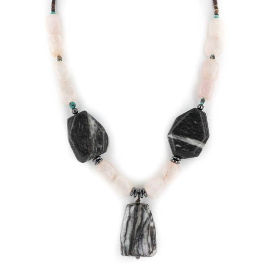 Navajo .925 Sterling Silver Natural Turquoise Hematite Snowflake Stone and Pink Quartz Necklace NB160122230024 Navajo .925 Sterling Silver Natural Turquoise Hematite Snowflake Stone and Pink Quartz Necklace NB160122230024