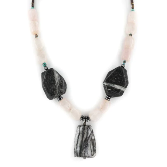 Navajo .925 Sterling Silver Natural Turquoise Hematite Snowflake Stone and Pink Quartz Necklace NB160122230024 Navajo .925 Sterling Silver Natural Turquoise Hematite Snowflake Stone and Pink Quartz Necklace NB160122230024