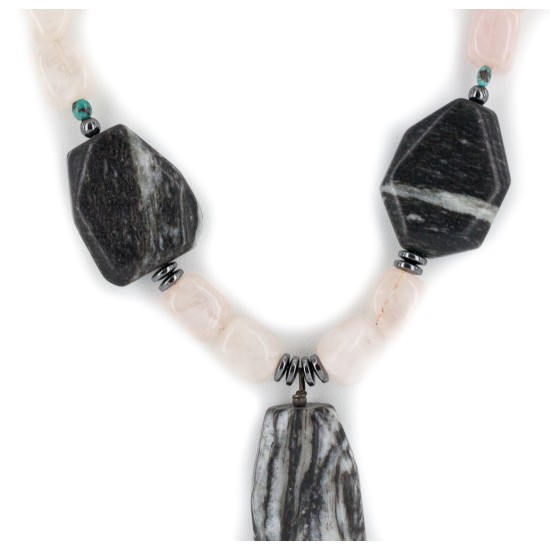 Navajo .925 Sterling Silver Natural Turquoise Hematite Snowflake Stone and Pink Quartz Necklace NB160122230024 Navajo .925 Sterling Silver Natural Turquoise Hematite Snowflake Stone and Pink Quartz Necklace NB160122230024
