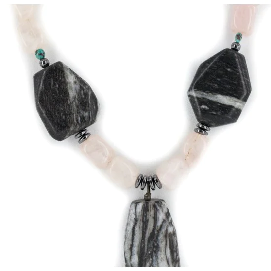 Navajo .925 Sterling Silver Natural Turquoise Hematite Snowflake Stone and Pink Quartz Necklace NB160122230024 Navajo .925 Sterling Silver Natural Turquoise Hematite Snowflake Stone and Pink Quartz Necklace NB160122230024
