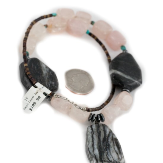 Navajo .925 Sterling Silver Natural Turquoise Hematite Snowflake Stone and Pink Quartz Necklace NB160122230024 Navajo .925 Sterling Silver Natural Turquoise Hematite Snowflake Stone and Pink Quartz Necklace NB160122230024