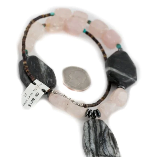 Navajo .925 Sterling Silver Natural Turquoise Hematite Snowflake Stone and Pink Quartz Necklace NB160122230024 Navajo .925 Sterling Silver Natural Turquoise Hematite Snowflake Stone and Pink Quartz Necklace NB160122230024