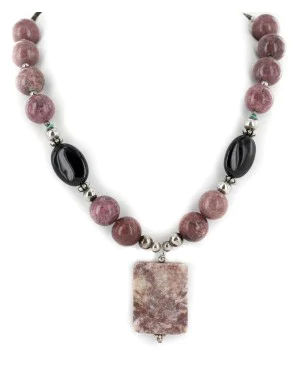 Certified Authentic Navajo .925 Sterling Silver Natural Turquoise Jasper Charoite and Black Onyx Native American Necklace 15213-32