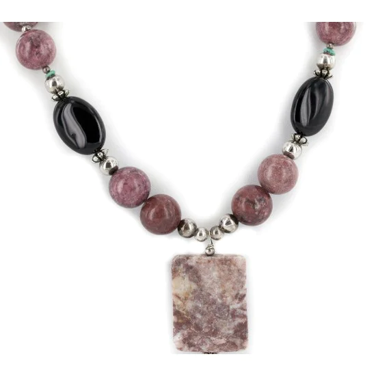 Certified Authentic Navajo .925 Sterling Silver Natural Turquoise Jasper Charoite and Black Onyx Native American Necklace 15213-32 Certified Authentic Navajo .925 Sterling Silver Natural Turquoise Jasper Charoite and Black Onyx Native American Necklace 15213-32